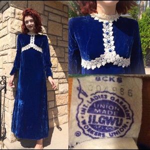 Vintage 1960's Blue Velvet Hippie Cottage Gunne Sax Style Maxi Dress